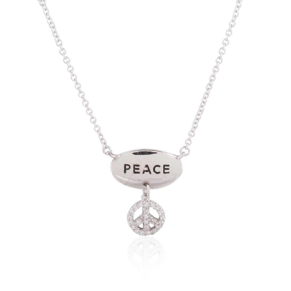 Sterling Silver "PEACE" Oval with Heart Charm CZ Necklace