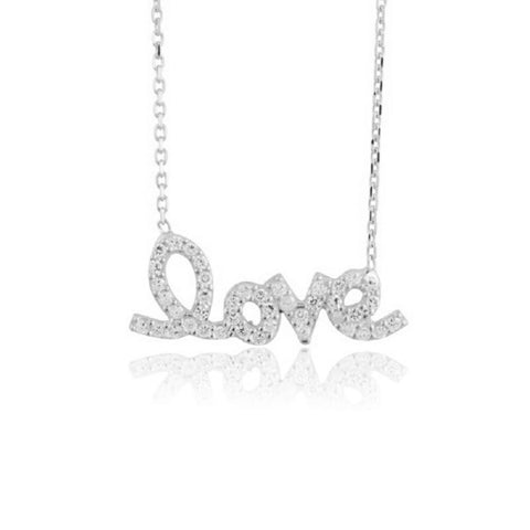 Sterling Silver 16" + 2" Extension Script "Love" CZ Necklace