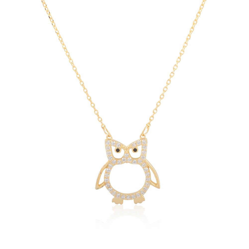 Sterling Silver 14K Gold Plated CZ Owl Necklace