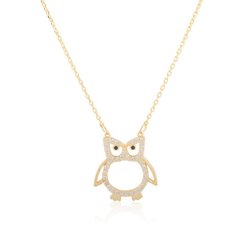 Sterling Silver 14K Gold Plated CZ Owl Necklace