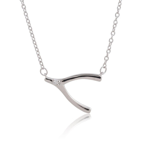 Sterling Silver 17" CZ Sideways Wishbone Necklace