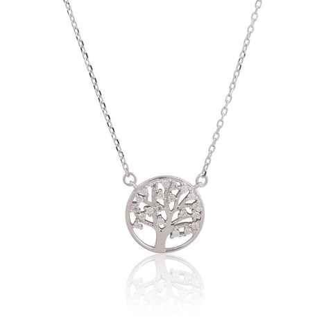 Sterling Silver 18" CZ Tree of Life Circle Necklace