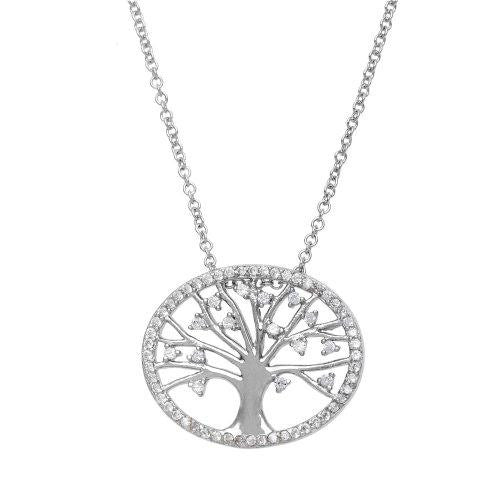 Sterling Silver CZ Tree of Life Oval Pendant Necklace