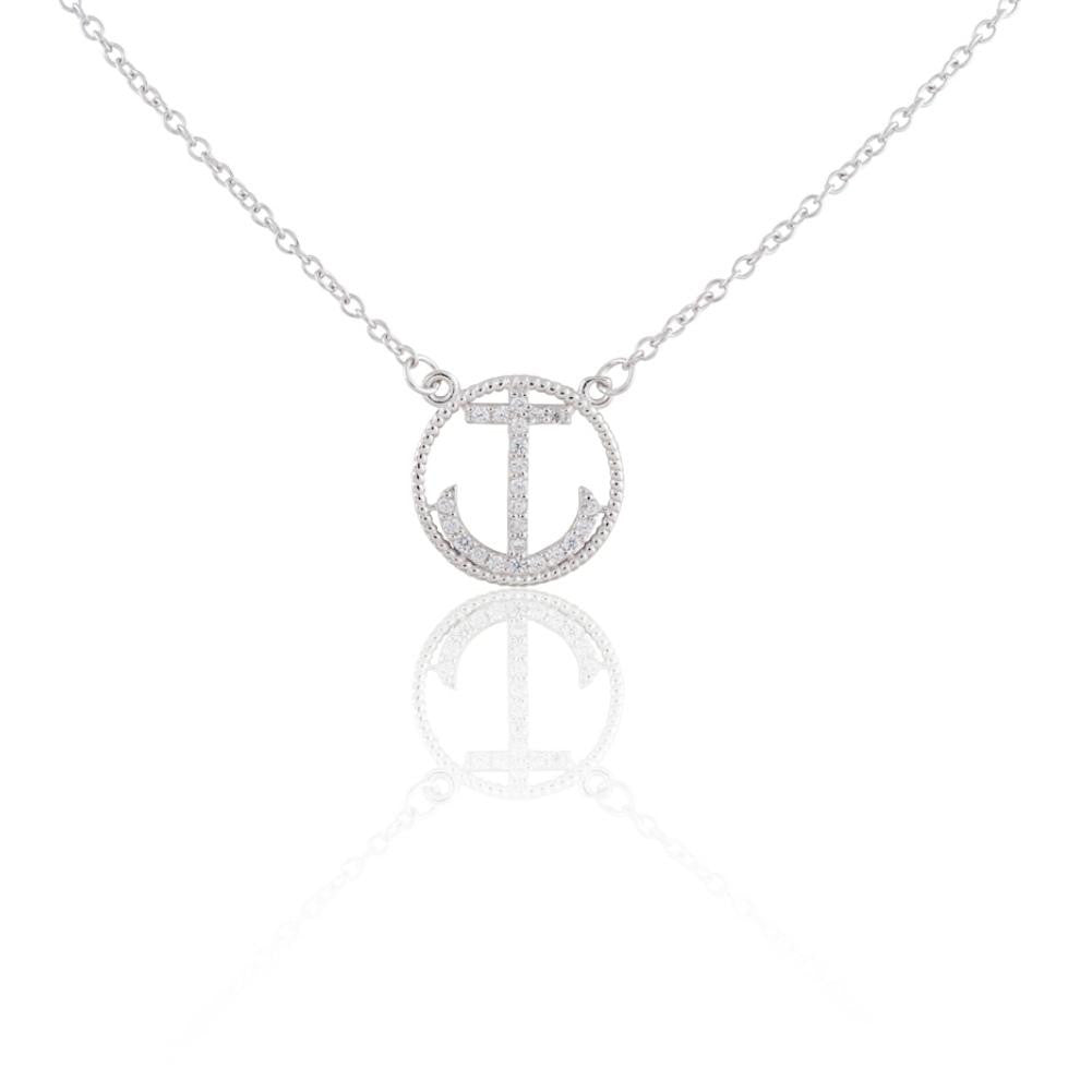 Sterling Silver CZ Anchor in Circle Nautical Necklace