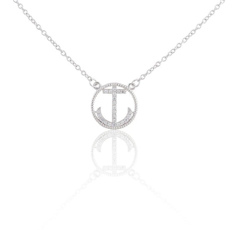 Sterling Silver CZ Anchor in Circle Nautical Necklace