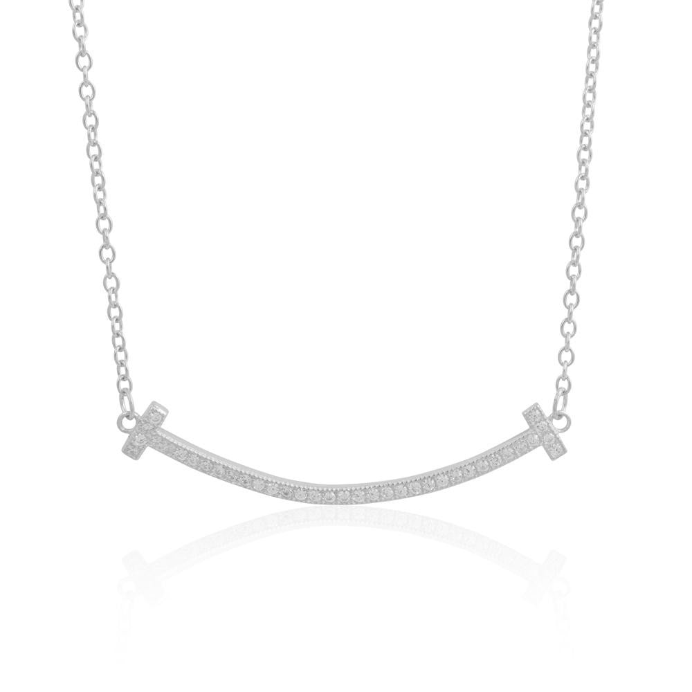 Sterling Silver 16" + 2" Extension Curved Smile CZ Necklace