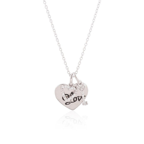 Sterling Silver "Love" Heart with Small CZ Heart and Key Pendant Necklace