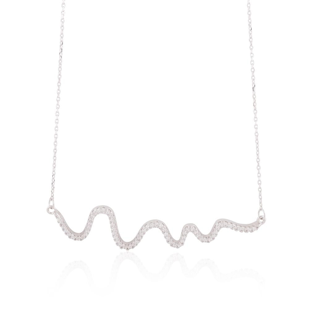 Rhodium Plated Genuine White Topaz Stones Squiggle Wave Snake Design Necklace