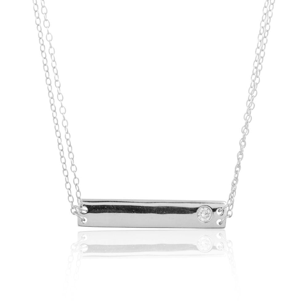 Sterling Silver Double Chain Horizontal Engravable Bar CZ Necklace