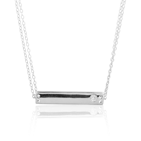 Sterling Silver Double Chain Horizontal Engravable Bar CZ Necklace