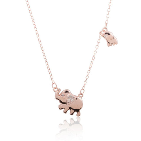 Sterling Silver 14K Rose Gold Plated Mother and Child Elephant CZ Necklace