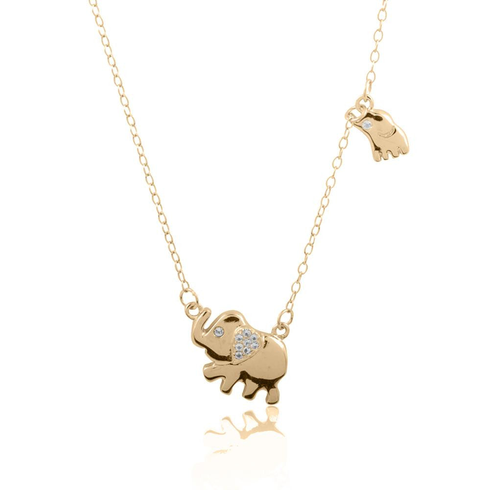 Sterling Silver 14K Gold Plated Mother and Child Elephant CZ Necklace