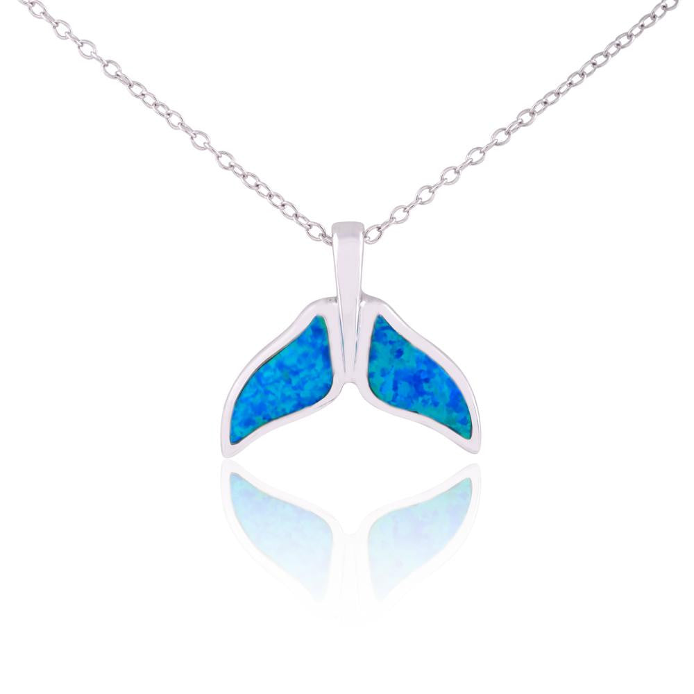 Sterling Silver Blue Opal Whale Tail Pendant Necklace, 18"