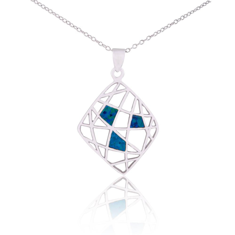 Sterling Silver Diamond Shape Blue Opal Necklace