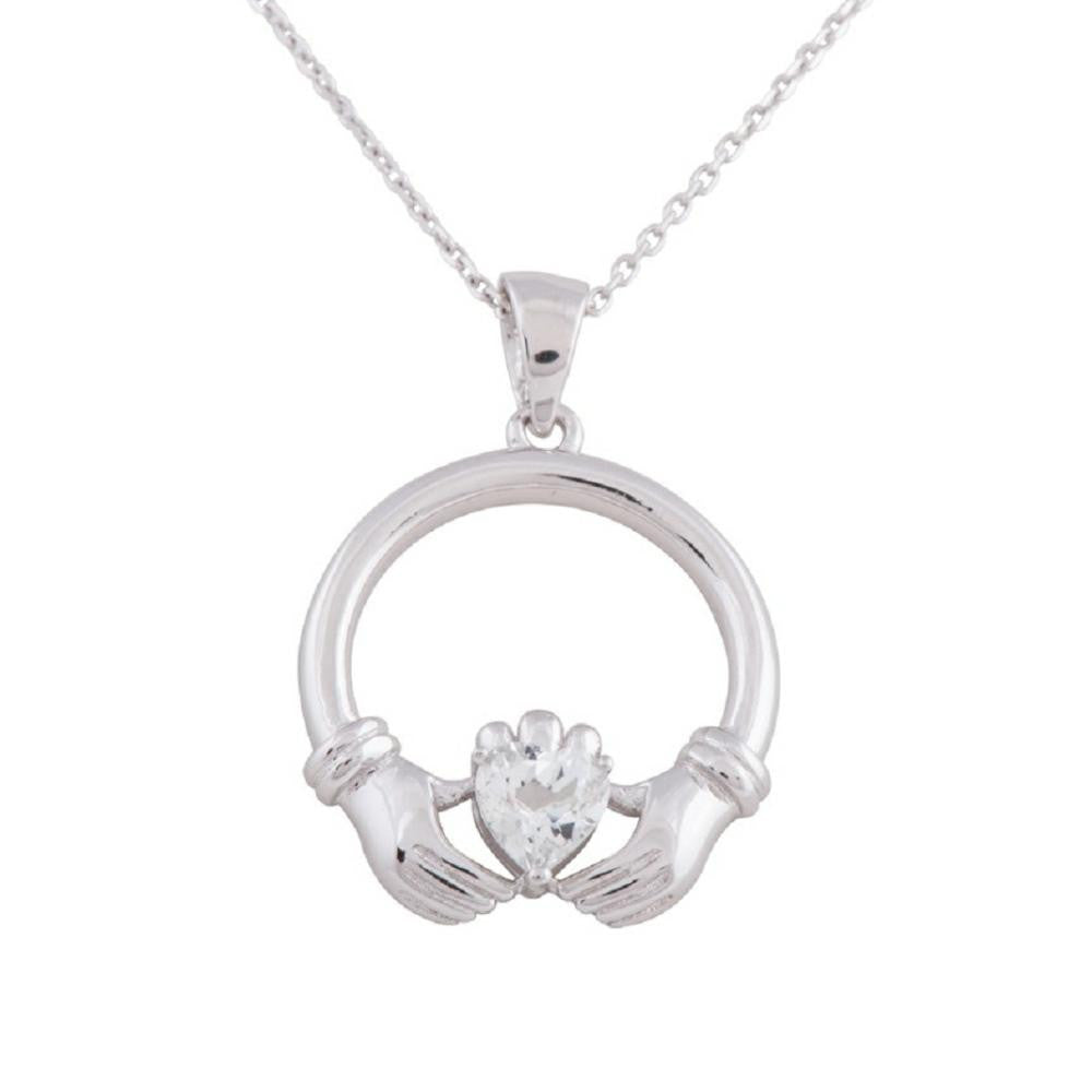 Sterling Silver Round Claddagh CZ Pendant Necklace