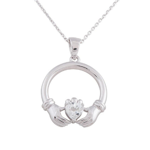 Sterling Silver Round Claddagh CZ Pendant Necklace