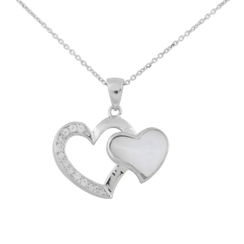 Sterling Silver Double Heart CZ Pendant Necklace w- Pearl Stone, 18"