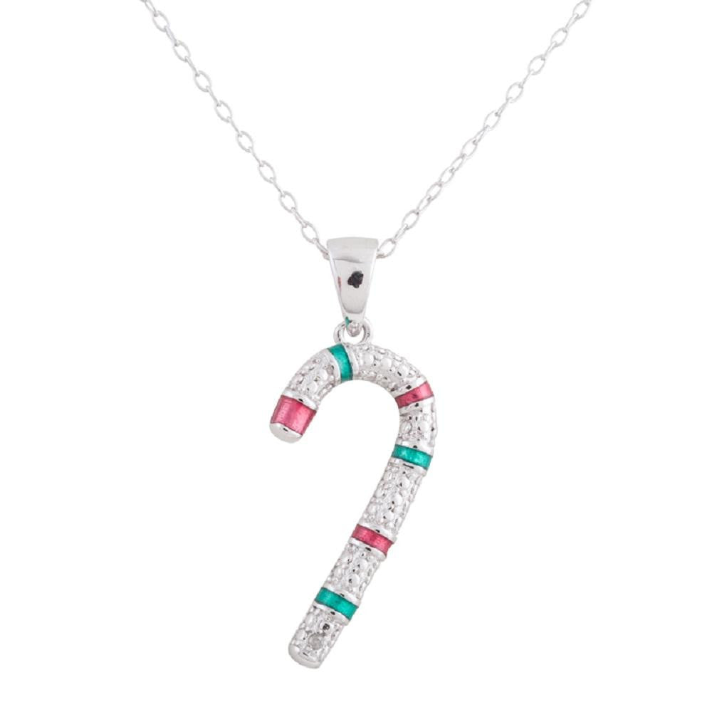 Sterling Silver Rhodium Plated Genuine Diamond Accent Holiday Candy Cane Pendant Necklace, 18"