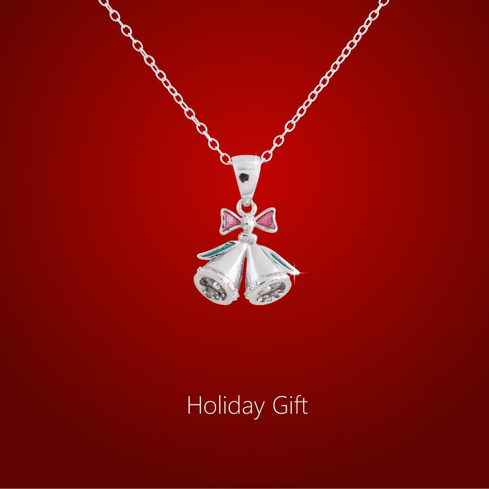 Sterling Silver Rhodium Plated Genuine Diamond Accent Holiday Jingle Bells Pendant Necklace, 18"