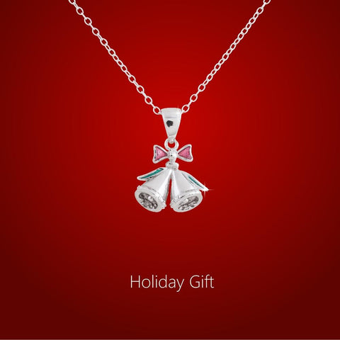 Sterling Silver Rhodium Plated Genuine Diamond Accent Holiday Jingle Bells Pendant Necklace, 18"